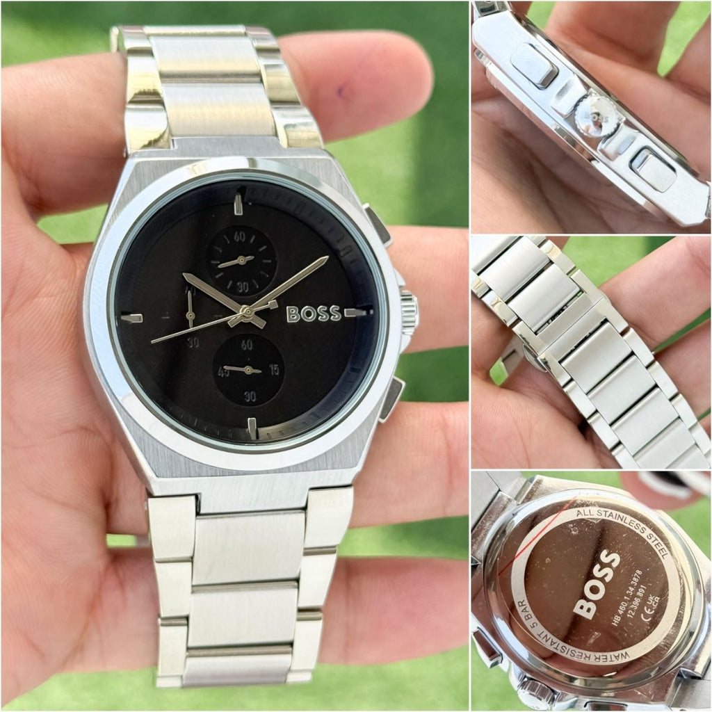 BO_SS Hugo Boss Men's Black Dial Silver Stainless Steel Chronograph Watch