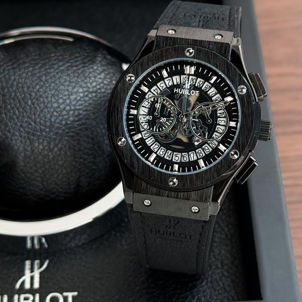 Hub_lot Big Bang Men's Black Leather Skeleton Chronograph Copper-Tone Watch