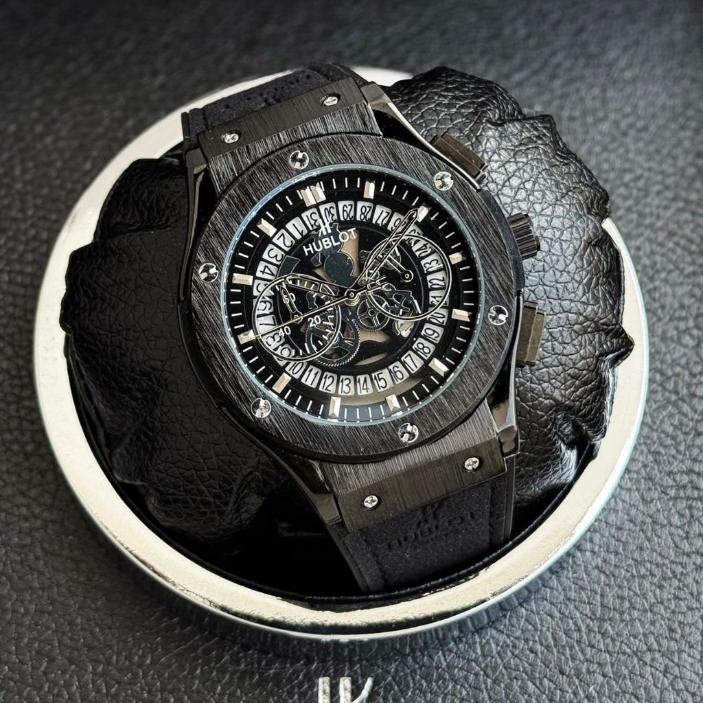 Hub_lot Big Bang Men's Black Leather Skeleton Chronograph Copper-Tone Watch
