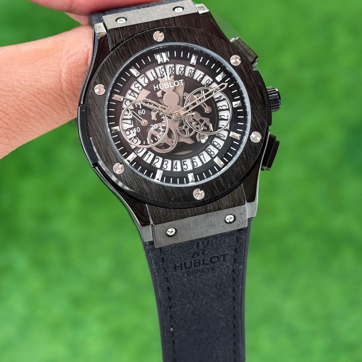 Hub_lot Big Bang Men's Black Leather Skeleton Chronograph Copper-Tone Watch