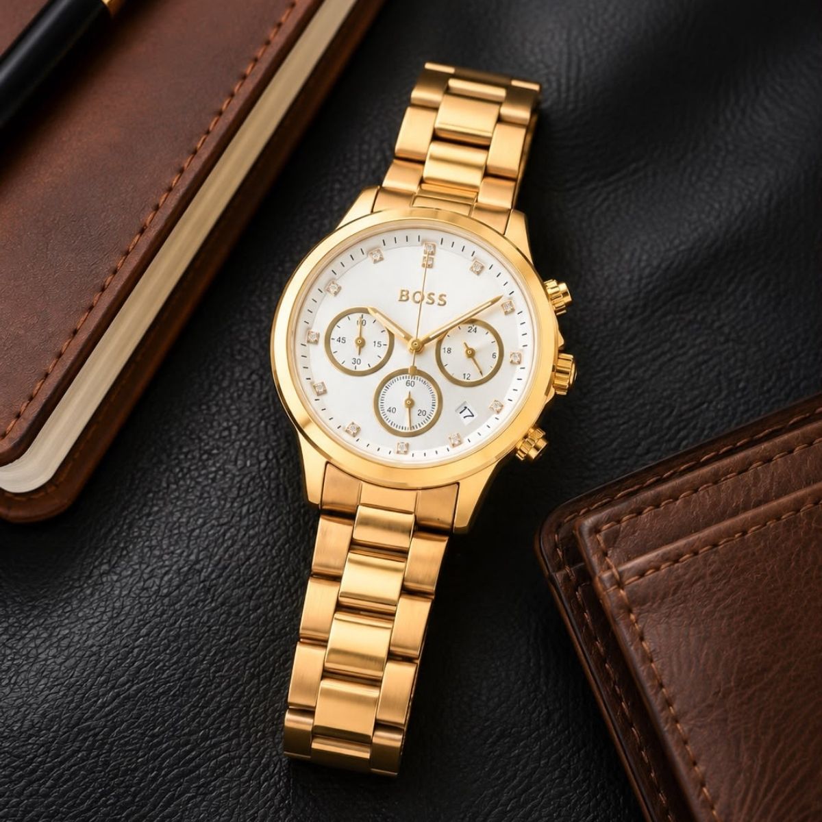 BO_SS Women's Gold Tone White Dial Crystal Chronograph Stainless Steel Watch