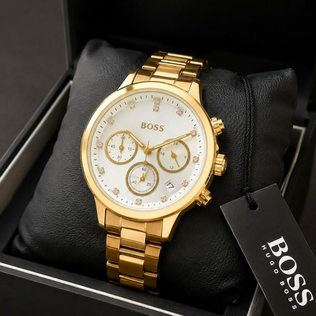 BO_SS Women's Gold Tone White Dial Crystal Chronograph Stainless Steel Watch