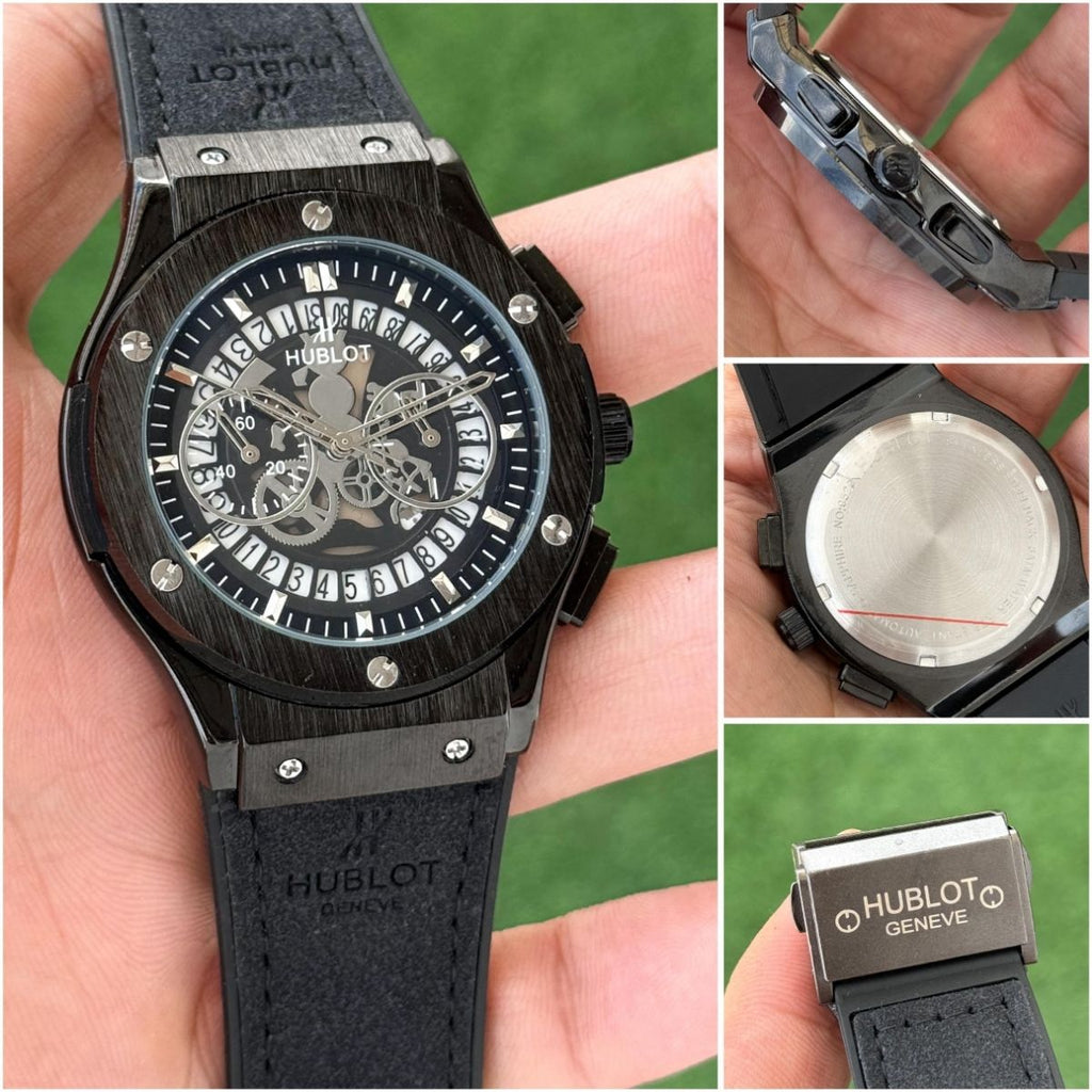 Hub_lot Big Bang Men's Black Leather Skeleton Chronograph Copper-Tone Watch