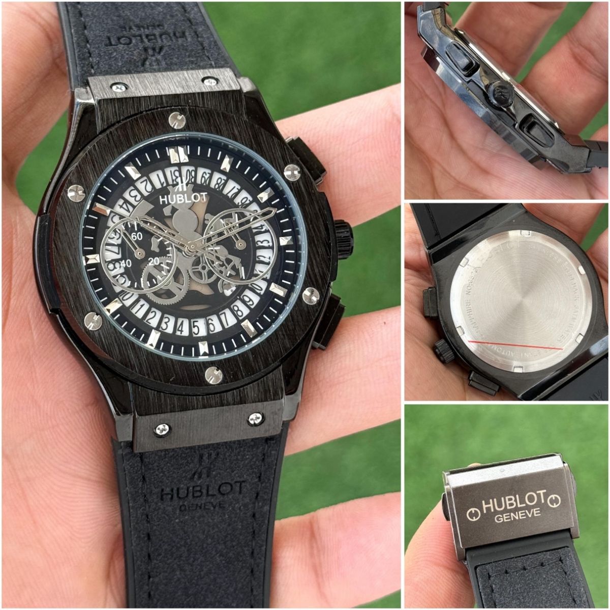 Hub_lot Big Bang Men's Black Leather Skeleton Chronograph Copper-Tone Watch