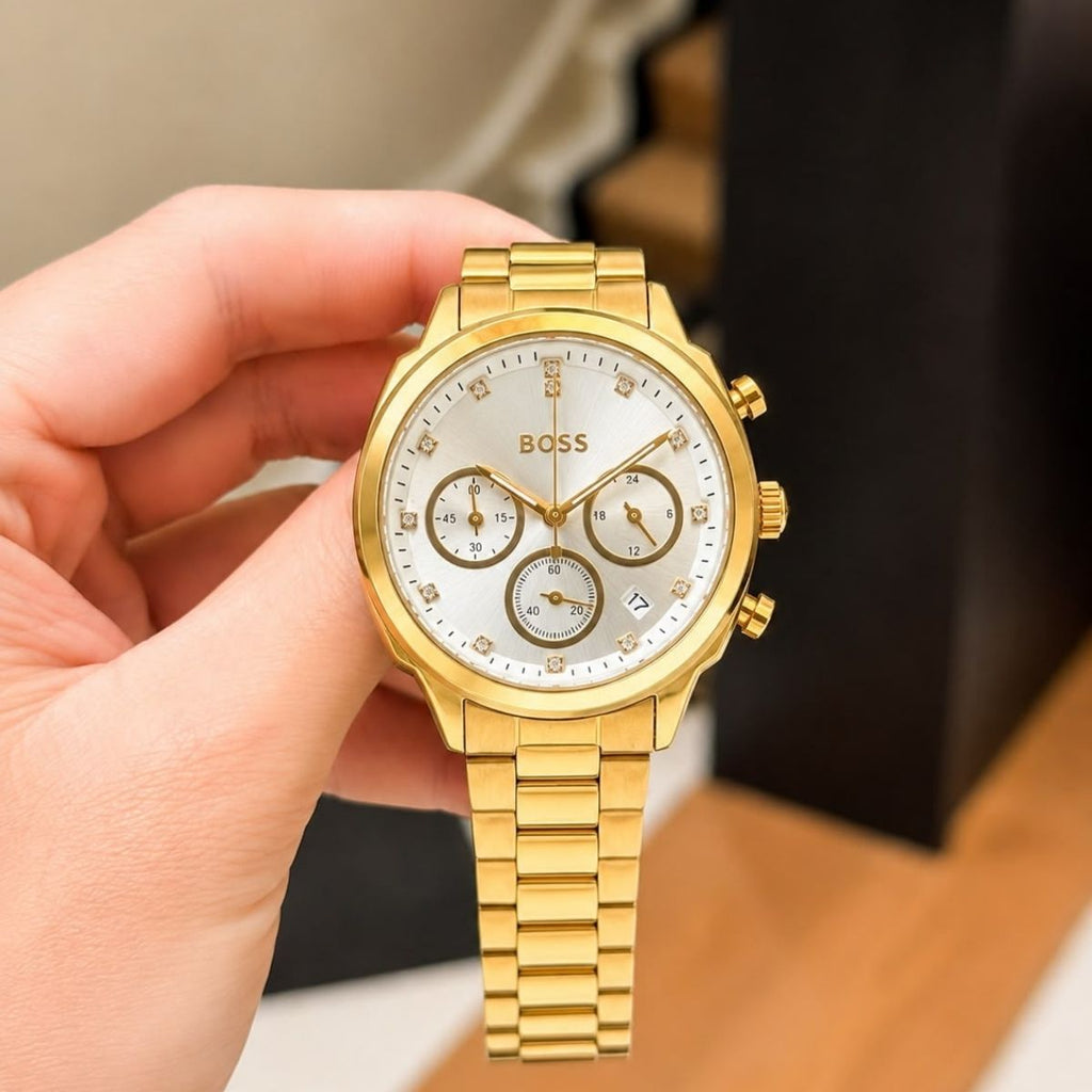 BO_SS Women's Gold Tone White Dial Crystal Chronograph Stainless Steel Watch