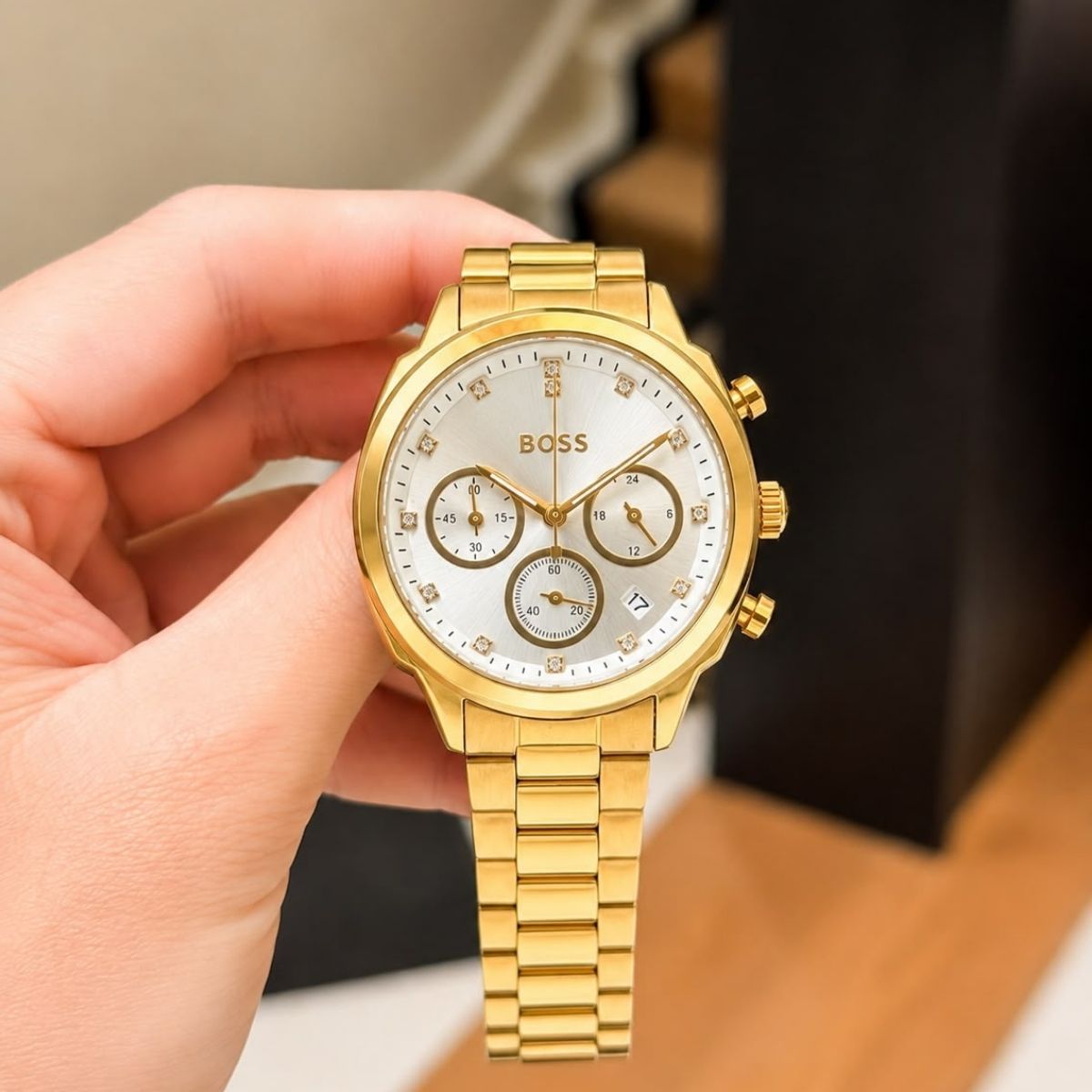 BO_SS Women's Gold Tone White Dial Crystal Chronograph Stainless Steel Watch