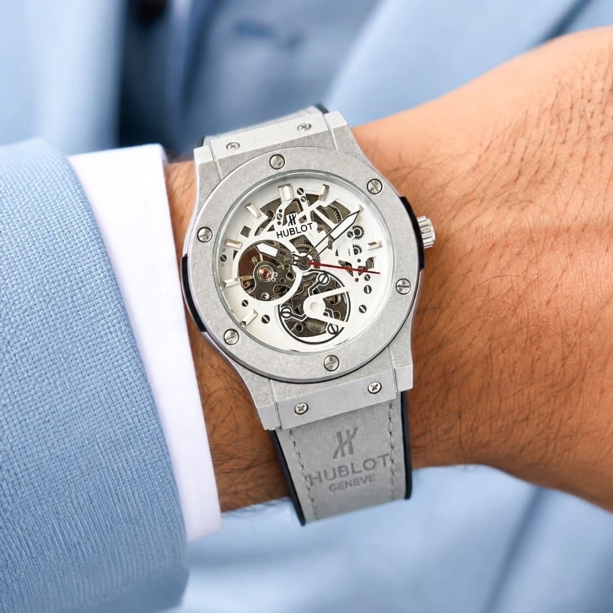 Hub_lot Big Bang Men's Silver Skeleton Dial Grey Leather Strap Watch