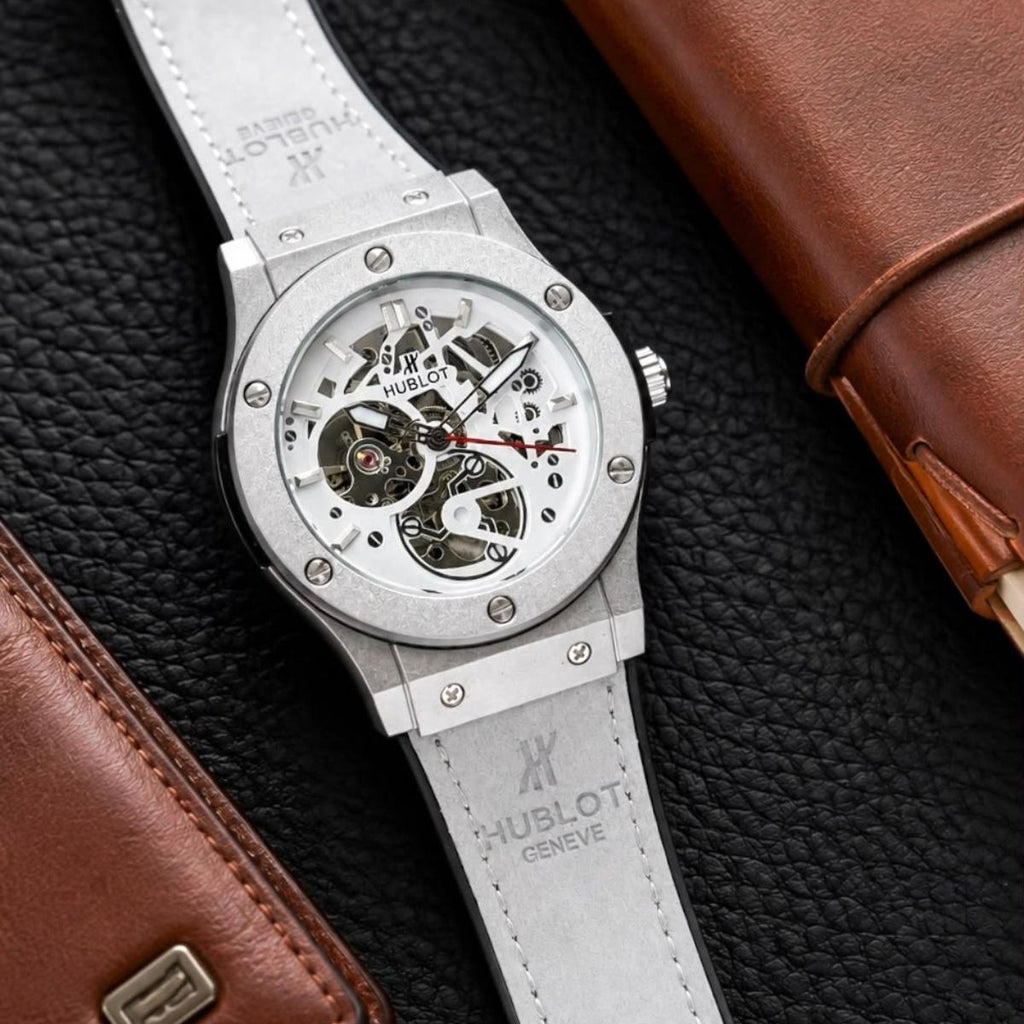 Hub_lot Big Bang Men's Silver Skeleton Dial Grey Leather Strap Watch