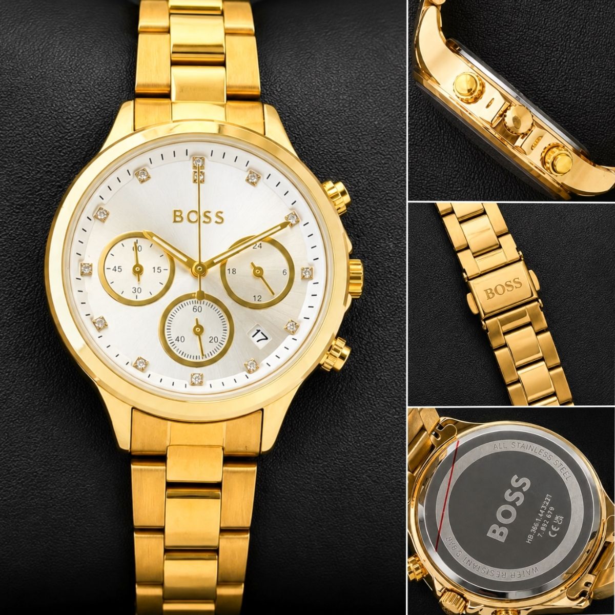 BO_SS Women's Gold Tone White Dial Crystal Chronograph Stainless Steel Watch