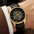 BO_SS Men's Automatic Black Skeleton Dial Gold Tone Leather Strap Watch
