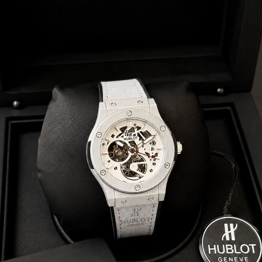 Hub_lot Big Bang Men's Silver Skeleton Dial Grey Leather Strap Watch