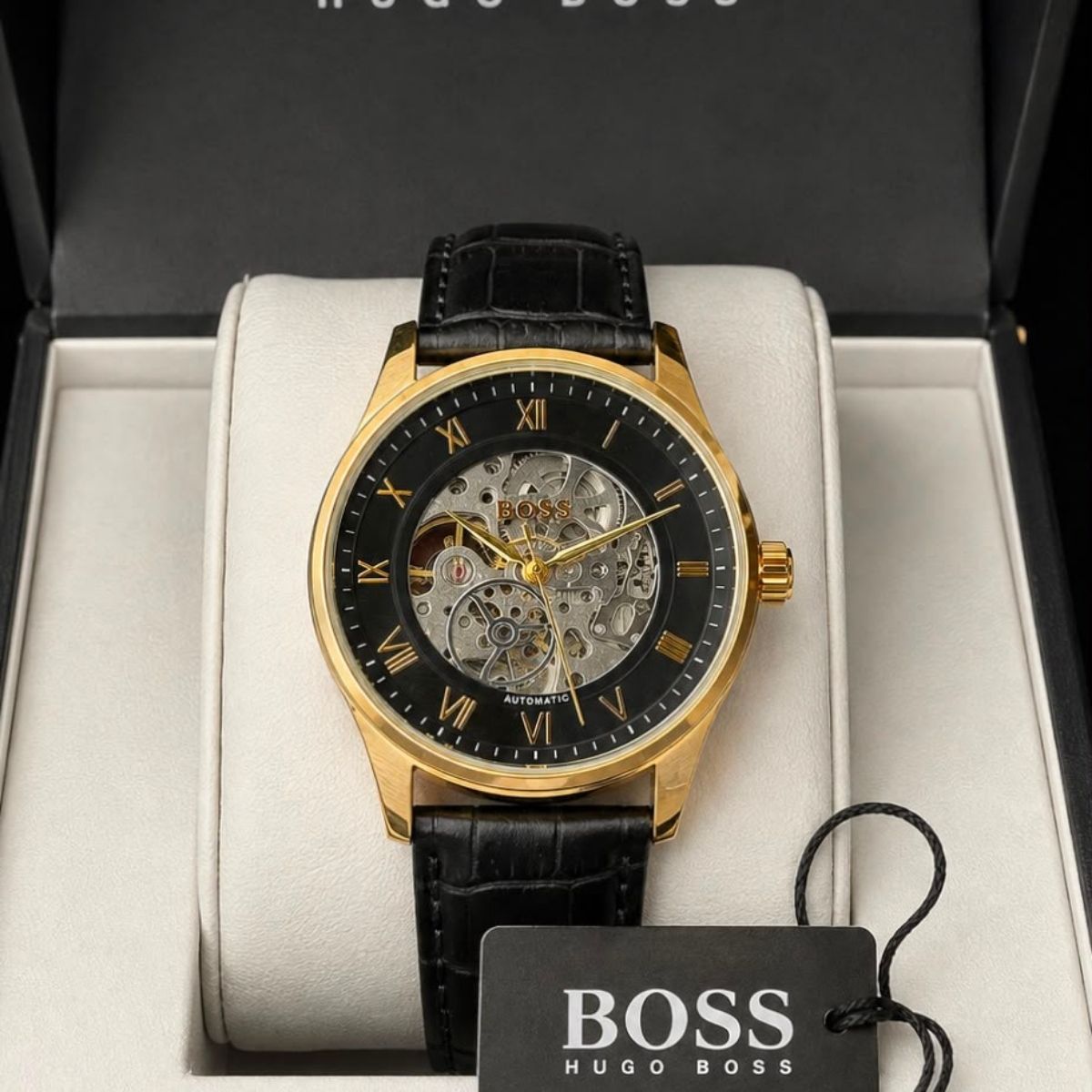 BO_SS Men's Automatic Black Skeleton Dial Gold Tone Leather Strap Watch