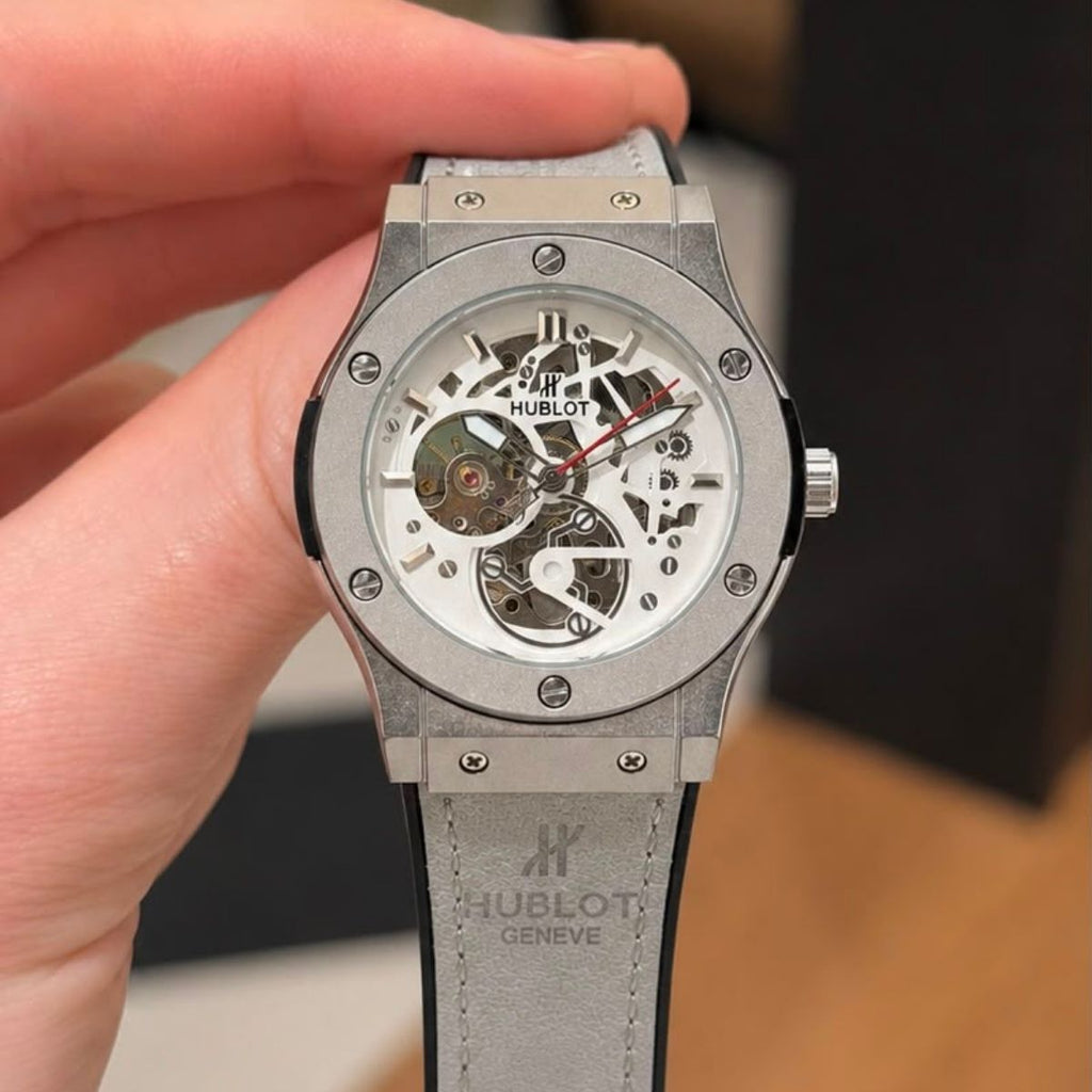 Hub_lot Big Bang Men's Silver Skeleton Dial Grey Leather Strap Watch