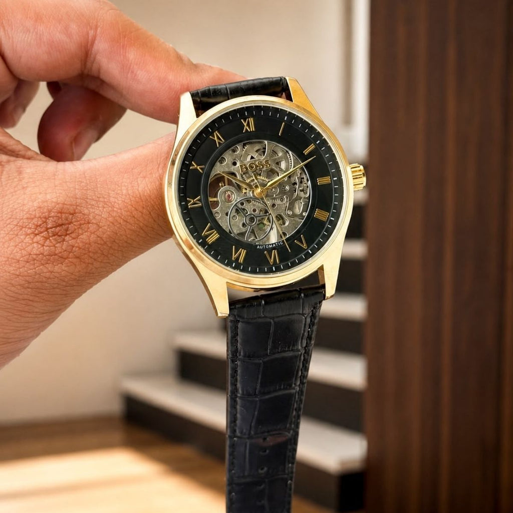 BO_SS Men's Automatic Black Skeleton Dial Gold Tone Leather Strap Watch
