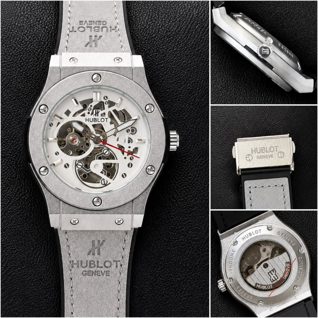 Hub_lot Big Bang Men's Silver Skeleton Dial Grey Leather Strap Watch