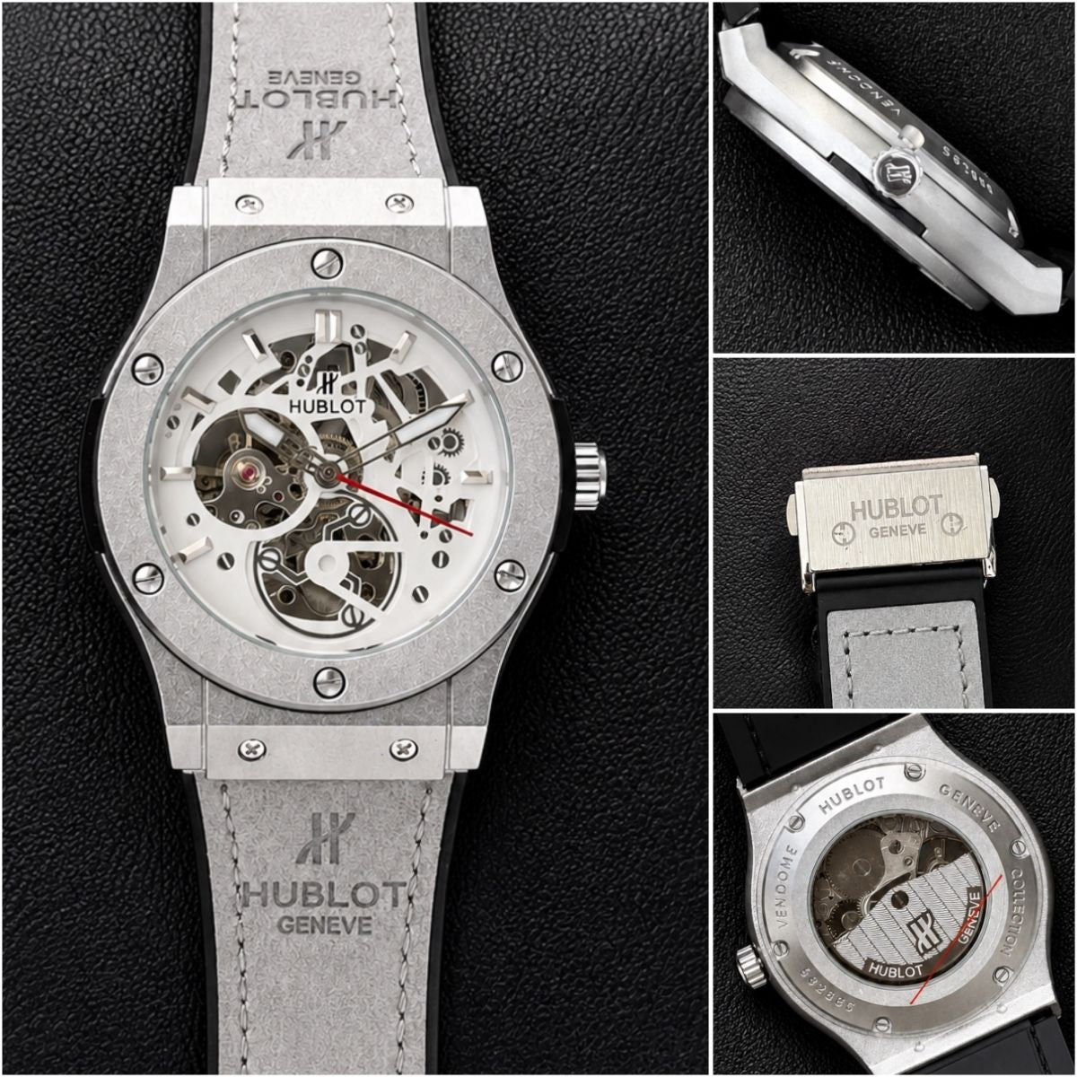 Hub_lot Big Bang Men's Silver Skeleton Dial Grey Leather Strap Watch