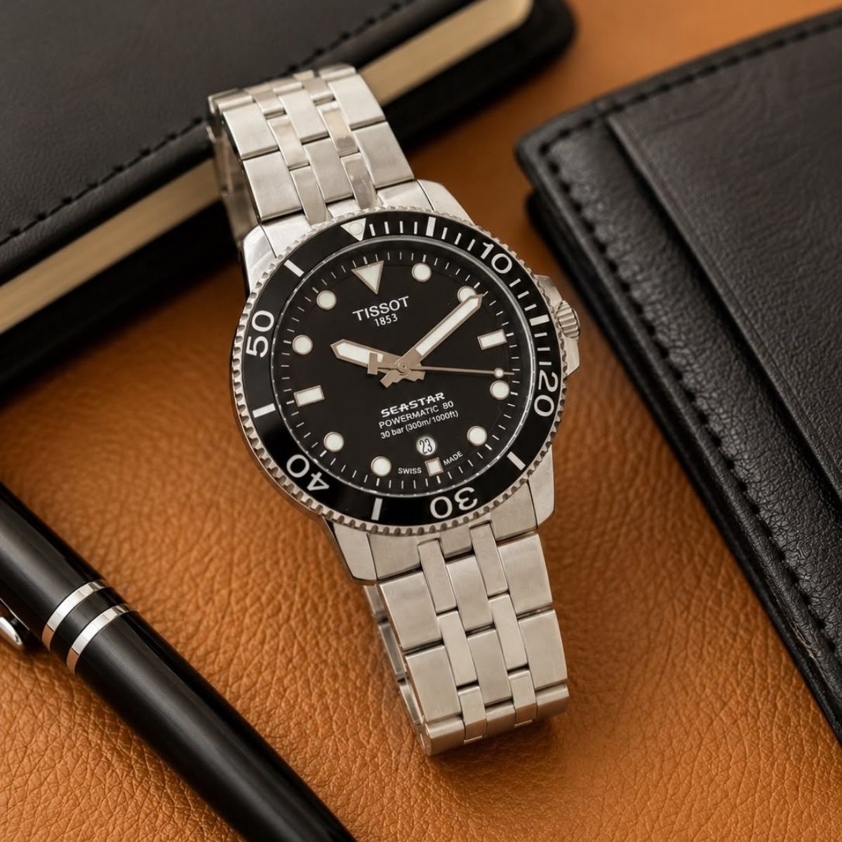 Tis_sot Seastar Men's Automatic Black Dial Stainless Steel Diving Watch