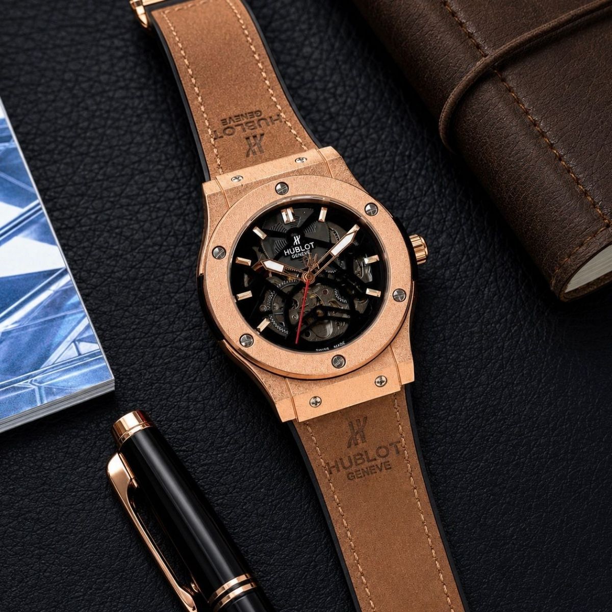 Hub_lot Big Bang Men's Copper-Tone Skeleton Dial Brown Leather Strap Watch