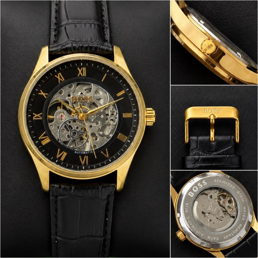 BO_SS Men's Automatic Black Skeleton Dial Gold Tone Leather Strap Watch