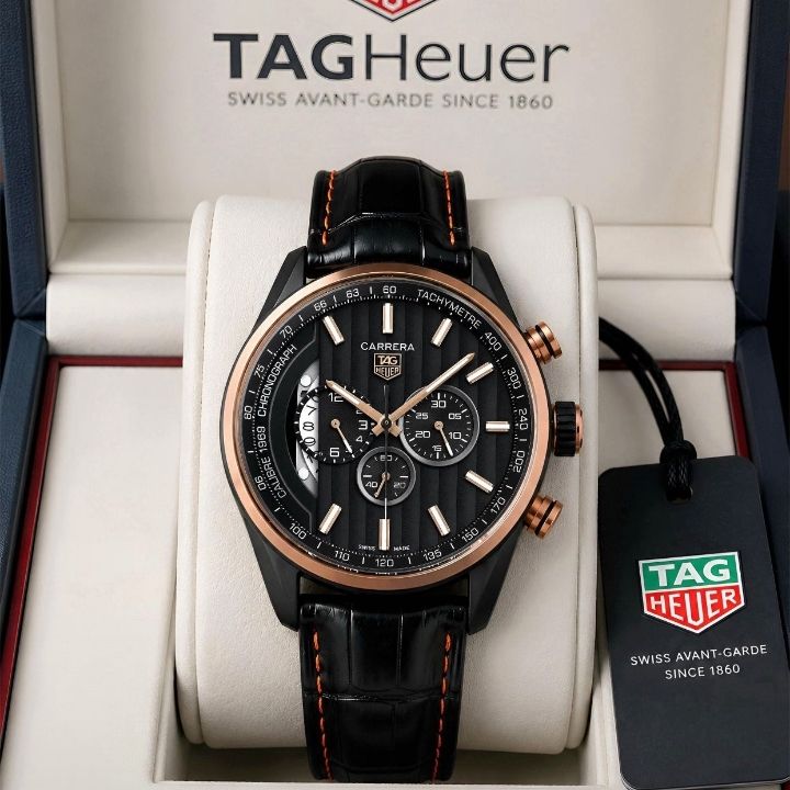 TAG He_uer Carrera Black Dial Black Leather Chronograph Watch