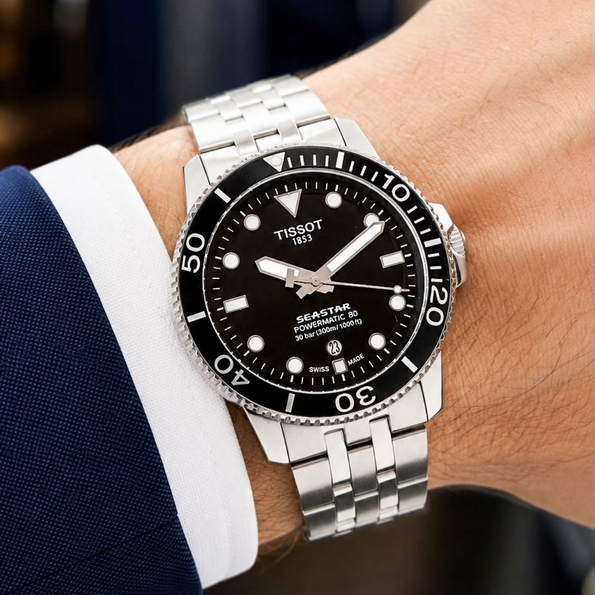 Tis_sot Seastar Men's Automatic Black Dial Stainless Steel Diving Watch