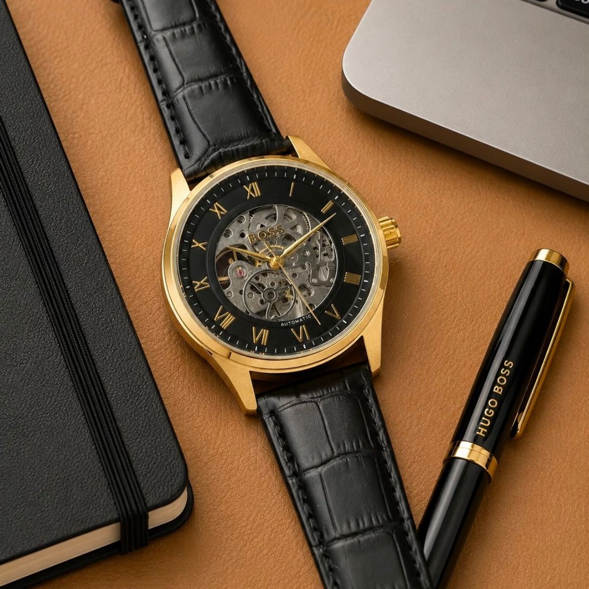 BO_SS Men's Automatic Black Skeleton Dial Gold Tone Leather Strap Watch