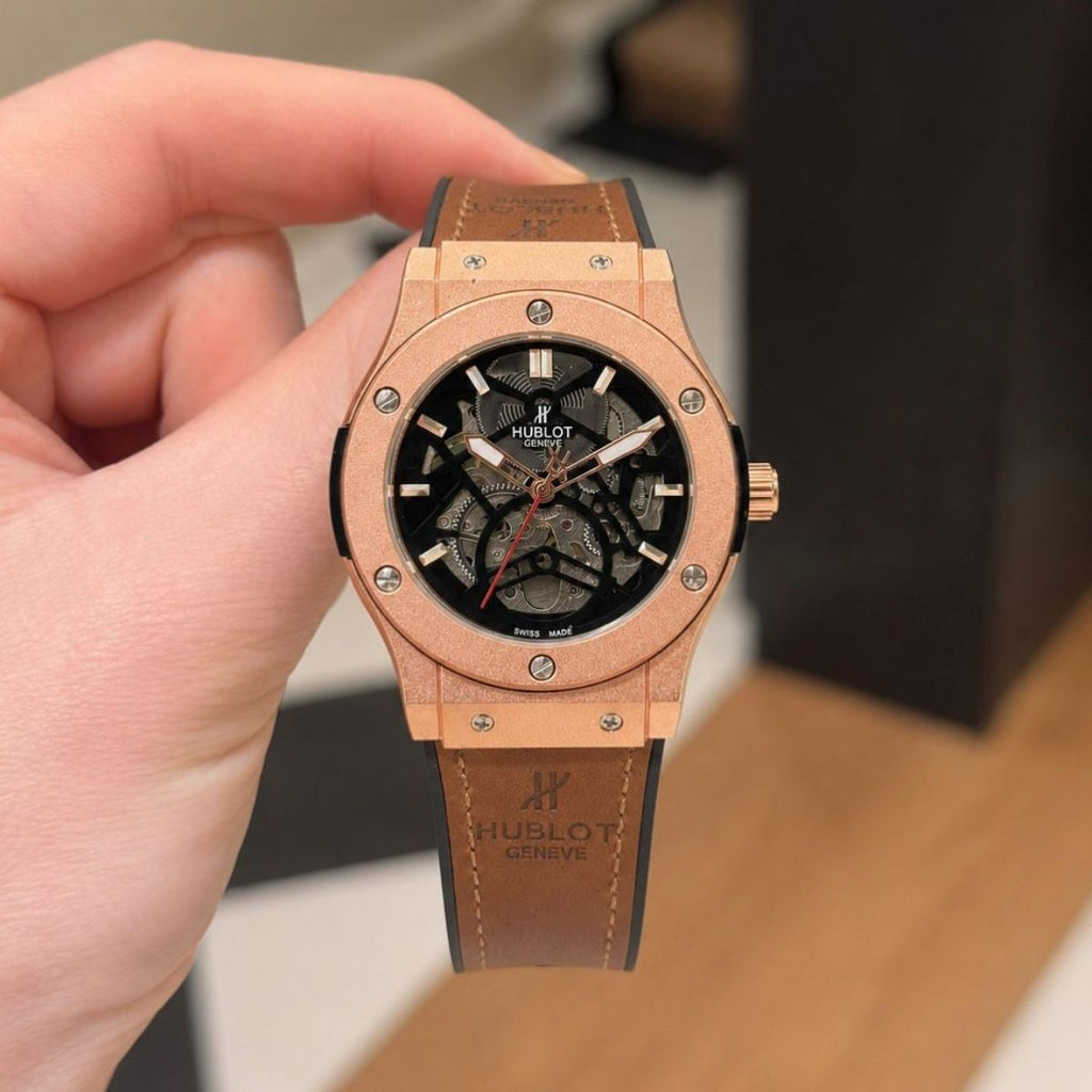 Hub_lot Big Bang Men's Copper-Tone Skeleton Dial Brown Leather Strap Watch