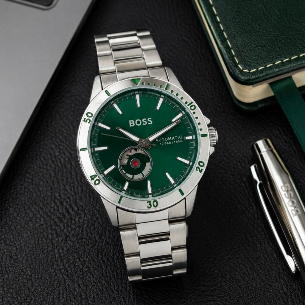 BO_SS Men's Green Automatic Open Heart Diver Style Stainless Steel Watch