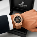 Hub_lot Big Bang Men's Copper-Tone Skeleton Dial Brown Leather Strap Watch