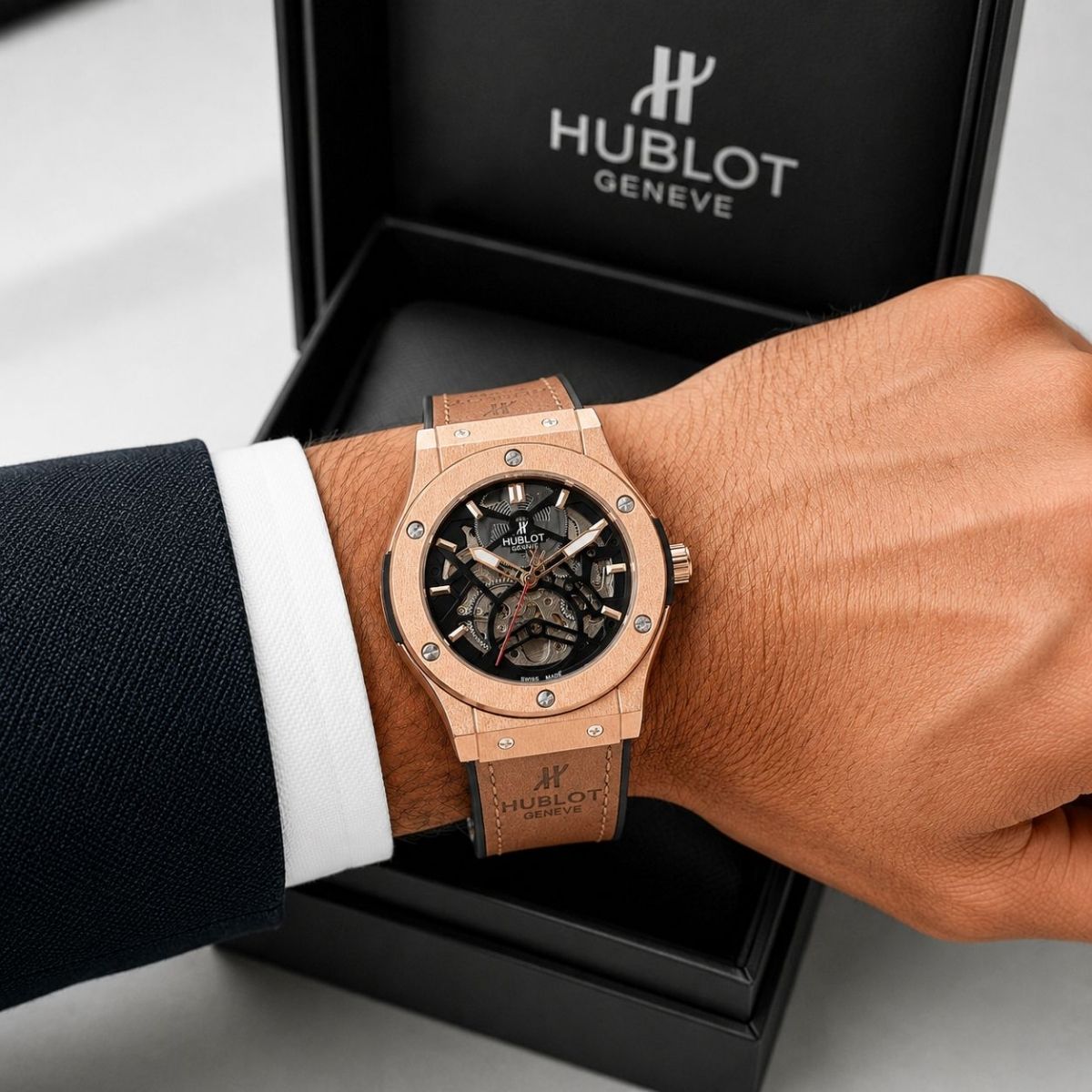 Hub_lot Big Bang Men's Copper-Tone Skeleton Dial Brown Leather Strap Watch