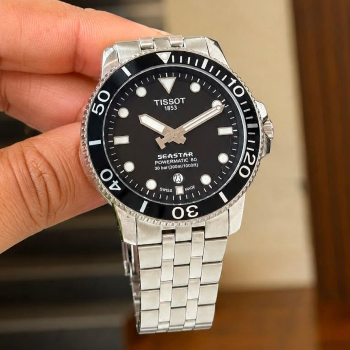 Tis_sot Seastar Men's Automatic Black Dial Stainless Steel Diving Watch