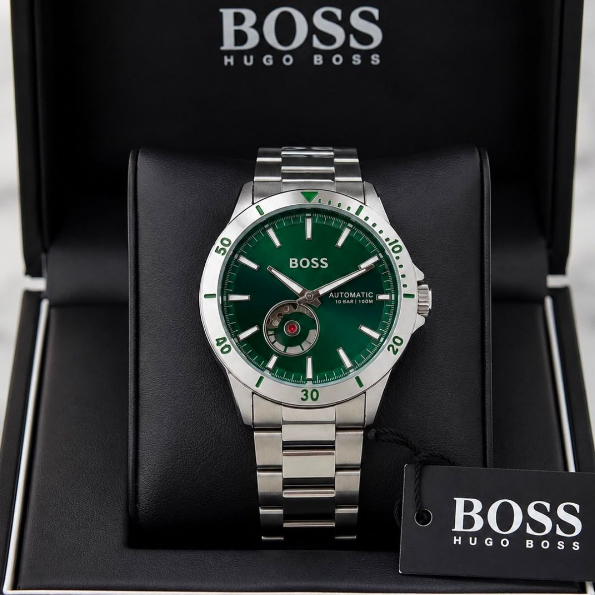 BO_SS Men's Green Automatic Open Heart Diver Style Stainless Steel Watch