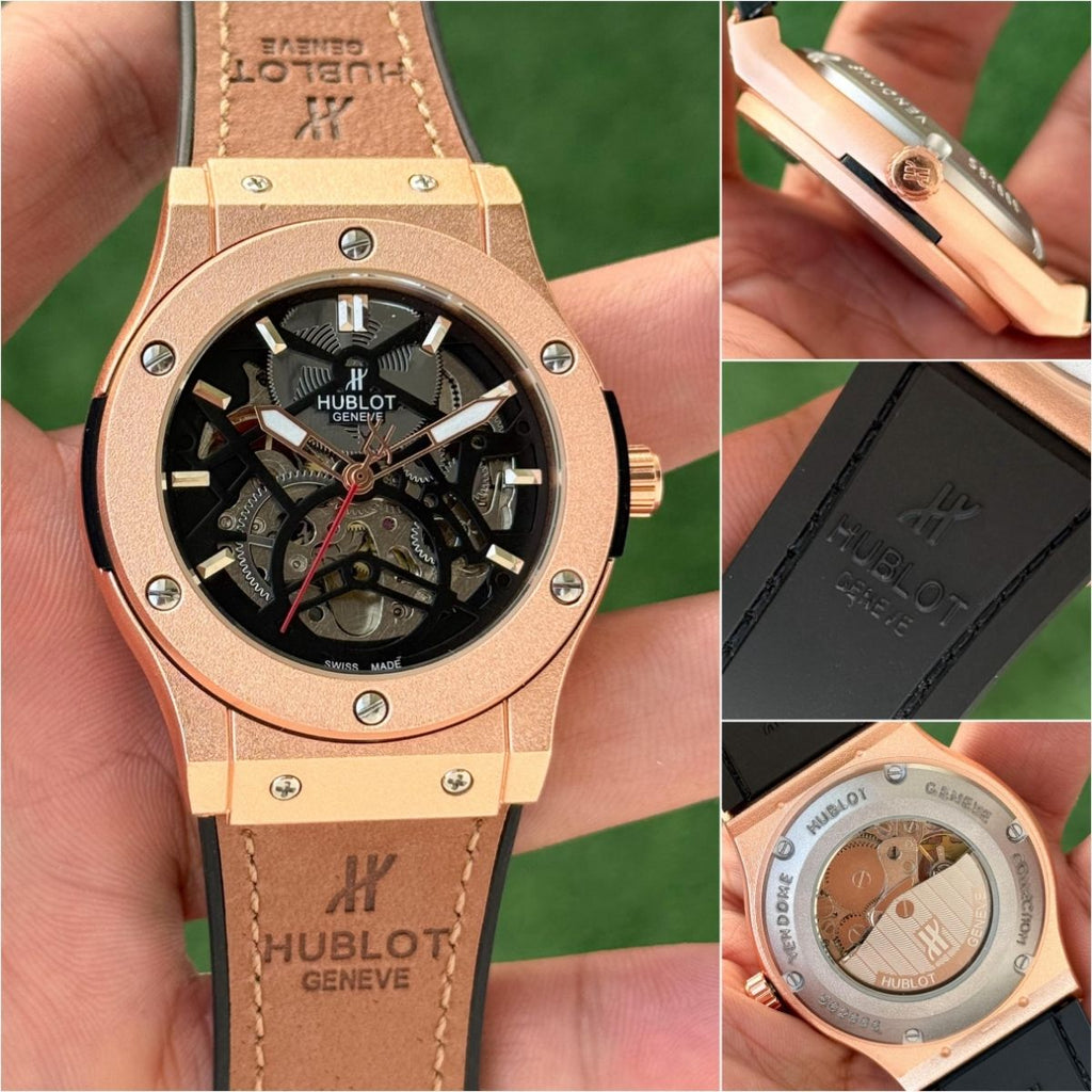 Hub_lot Big Bang Men's Copper-Tone Skeleton Dial Brown Leather Strap Watch