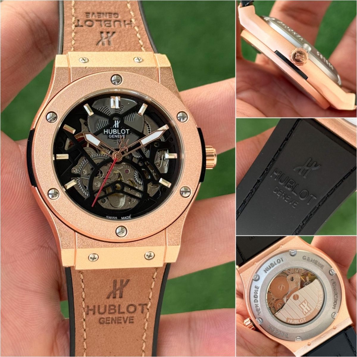 Hub_lot Big Bang Men's Copper-Tone Skeleton Dial Brown Leather Strap Watch