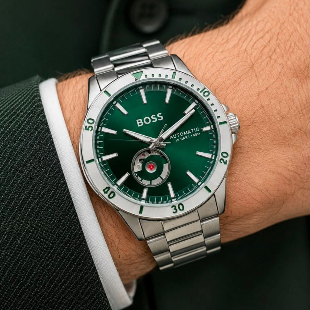 BO_SS Men's Green Automatic Open Heart Diver Style Stainless Steel Watch