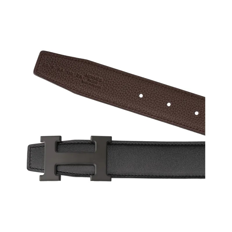 HERMES Constance Metallic Cowhide Belt Men's Chocolate/Black Width 3.2cm