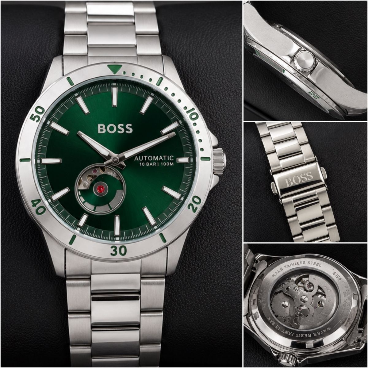 BO_SS Men's Green Automatic Open Heart Diver Style Stainless Steel Watch