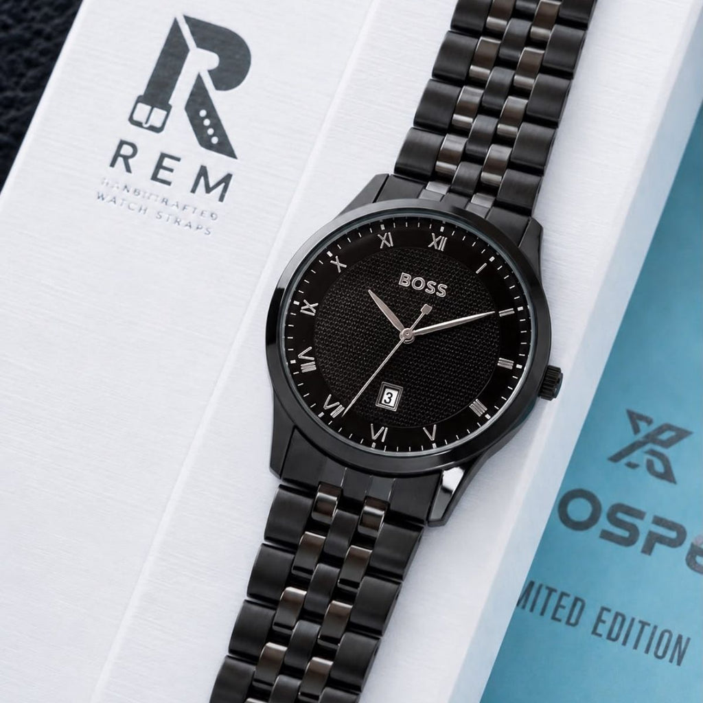Hugo Bo_ss Men's Black Dial Roman Numeral Stainless Steel Quartz Watch