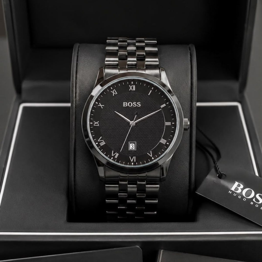 Hugo Bo_ss Men's Black Dial Roman Numeral Stainless Steel Quartz Watch