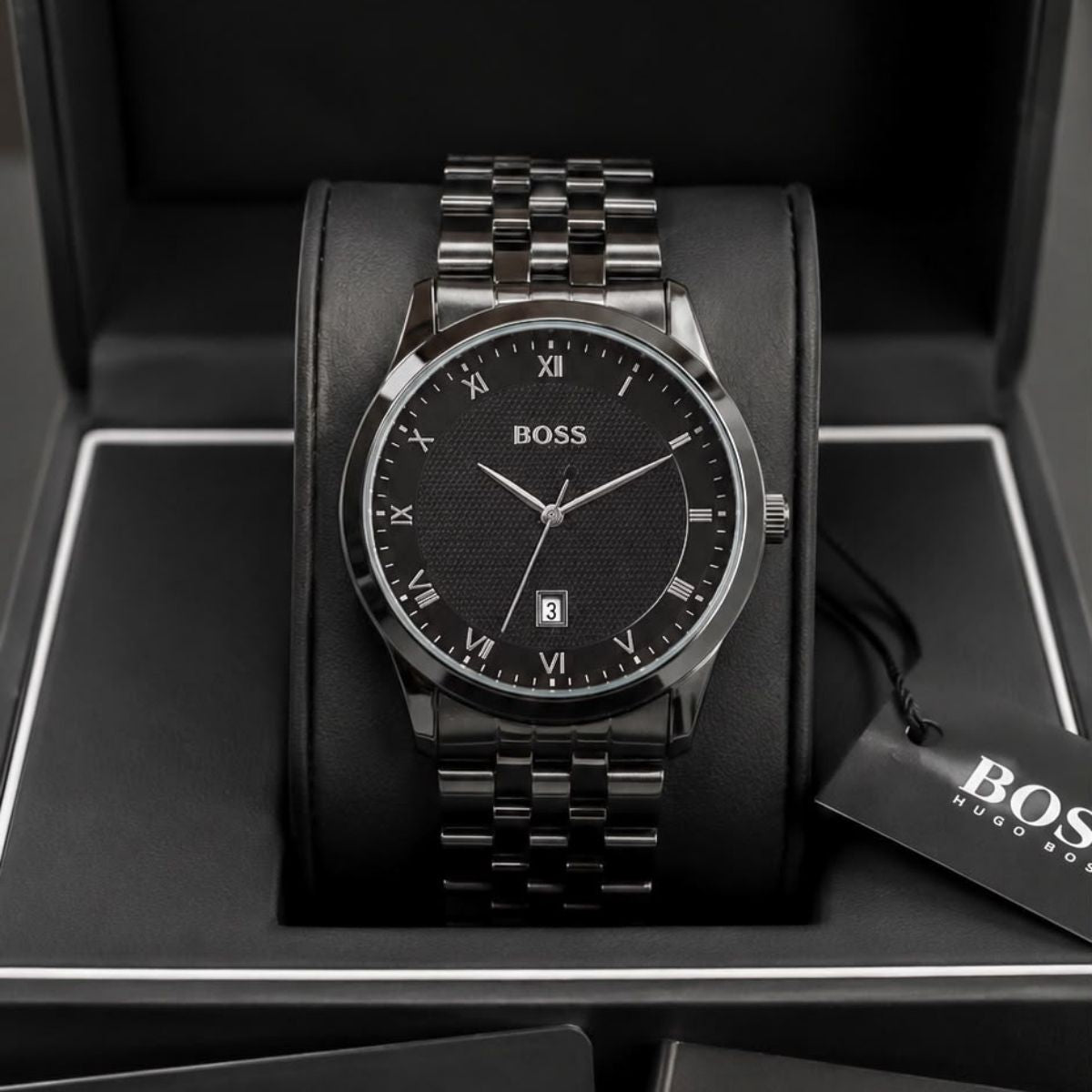 Hugo Bo_ss Men's Black Dial Roman Numeral Stainless Steel Quartz Watch