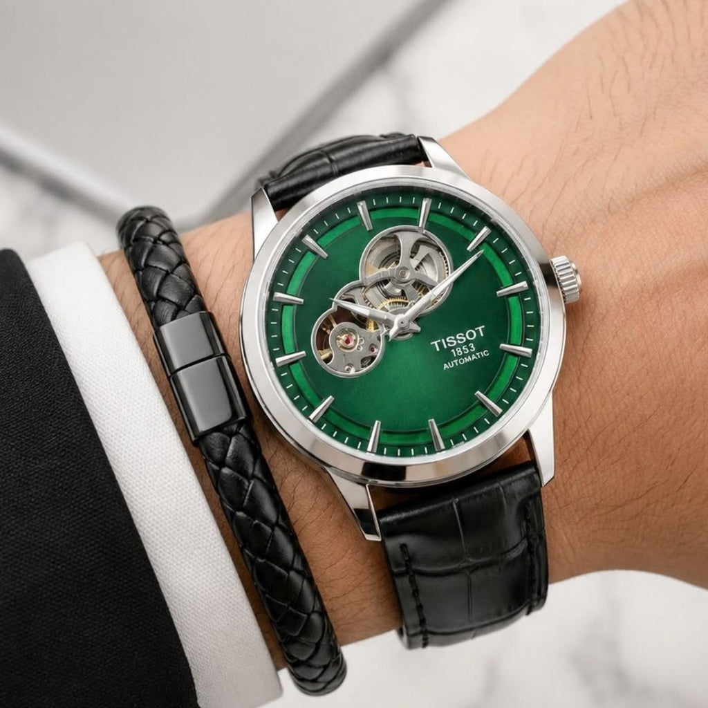 Tis_sot Powermatic Men's Automatic Green Dial Open Heart Leather Strap Watch
