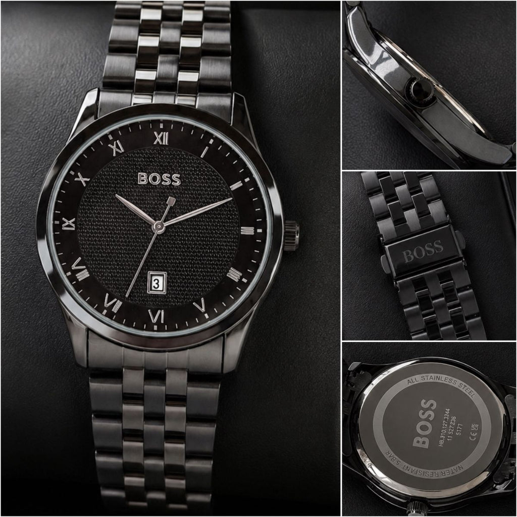Hugo Bo_ss Men's Black Dial Roman Numeral Stainless Steel Quartz Watch