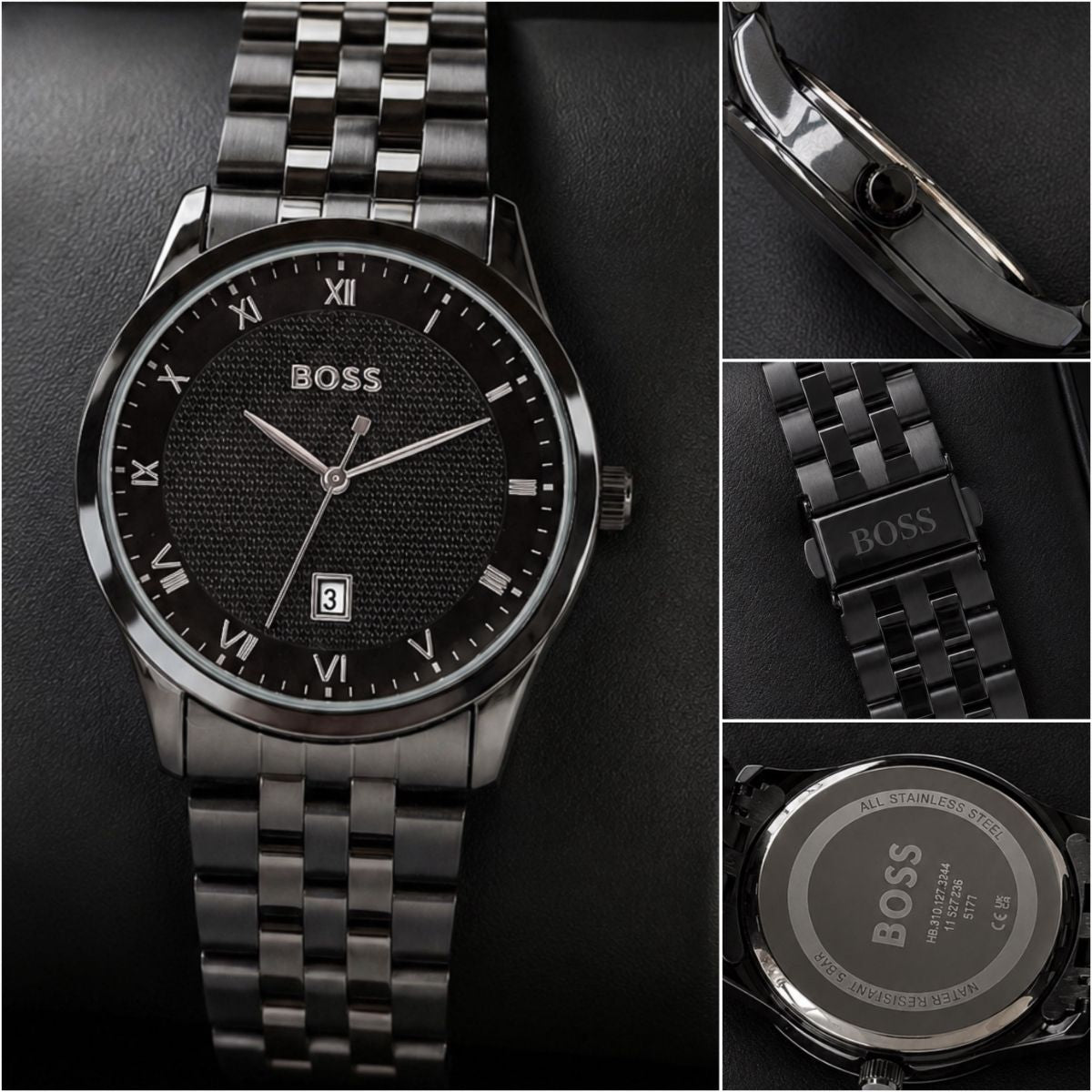 Hugo Bo_ss Men's Black Dial Roman Numeral Stainless Steel Quartz Watch