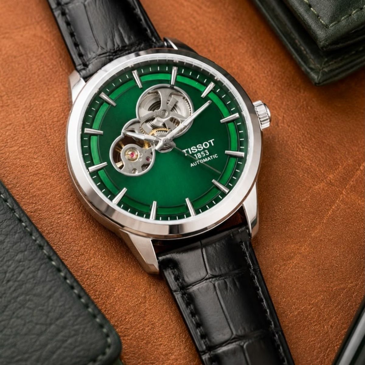 Tis_sot Powermatic Men's Automatic Green Dial Open Heart Leather Strap Watch