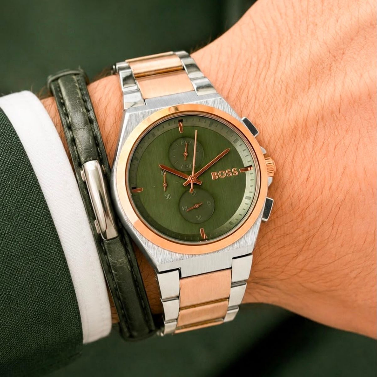 Hugo Bo_ss Men's Green Dial Two-Tone Stainless Steel Chronograph Watch