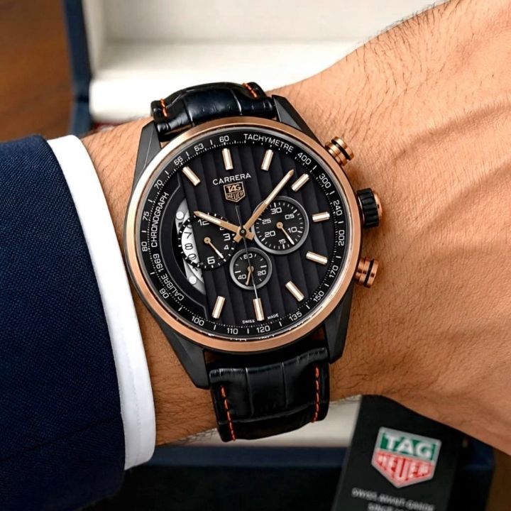 TAG He_uer Carrera Black Dial Black Leather Chronograph Watch