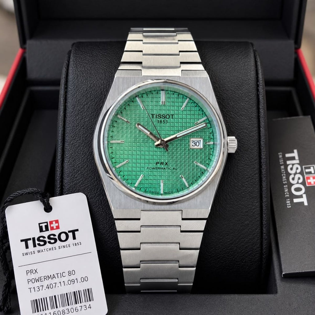 Tis_sot PRX Powermatic 80 Men's Silver Watch with Green Textured Dial