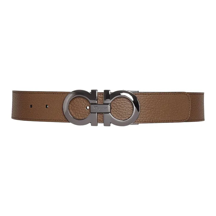 Ferragamo Reversible Adjustable Textured Calfskin Leather Gancini Belt Cane Sugar Brown Black