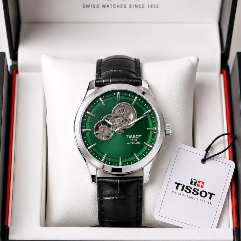 Tis_sot Powermatic Men's Automatic Green Dial Open Heart Leather Strap Watch