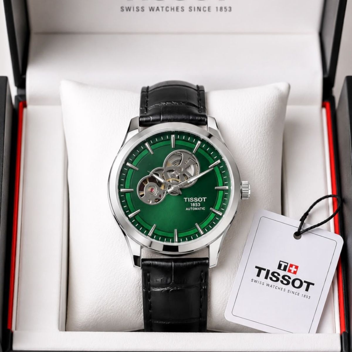 Tis_sot Powermatic Men's Automatic Green Dial Open Heart Leather Strap Watch